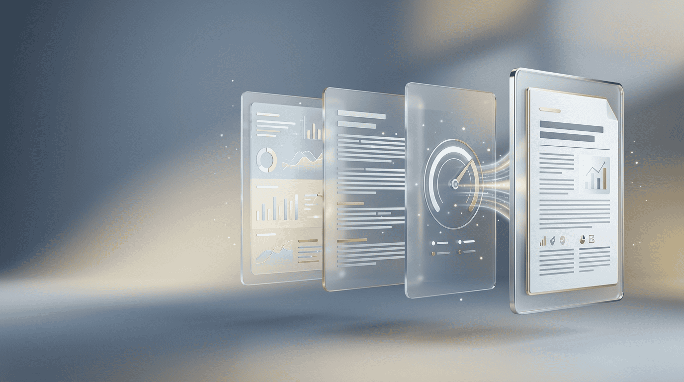 Minimalist 3D render of floating glassmorphic panels representing automated content creation