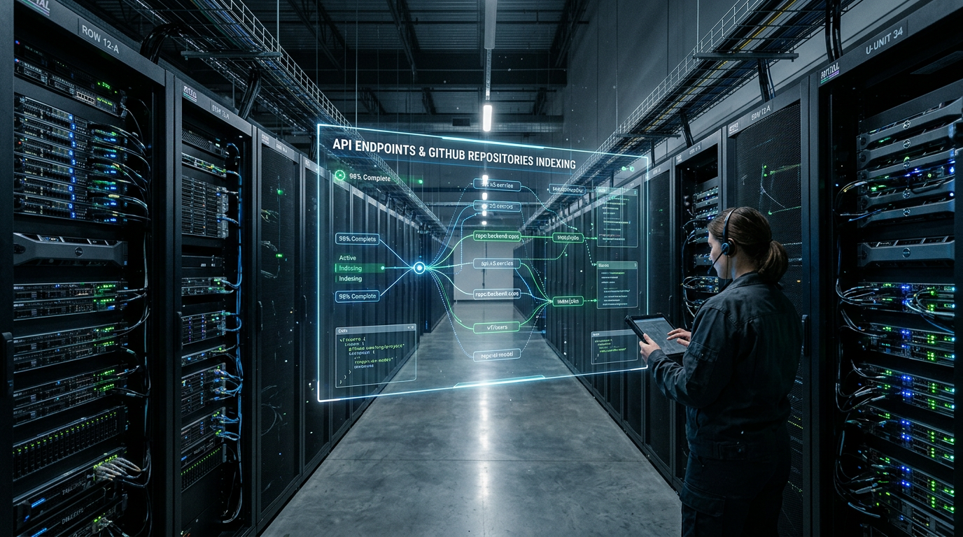 State-of-the-art server room with a floating holographic HUD displaying API endpoints and repository indexing.
