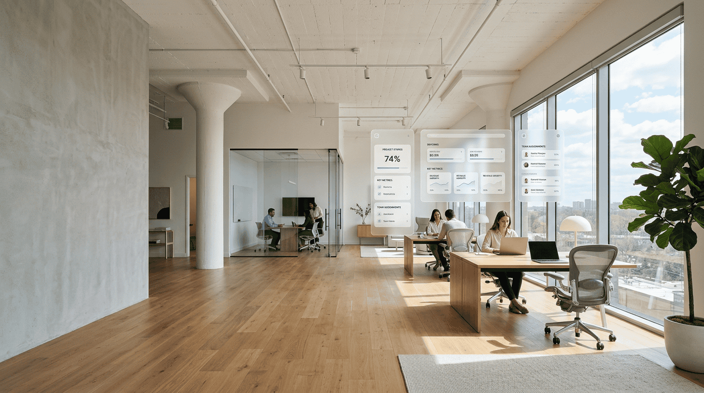 A modern, sunlit minimalist office loft with floating semi-transparent glassmorphic digital screens and spatial UI panels.
