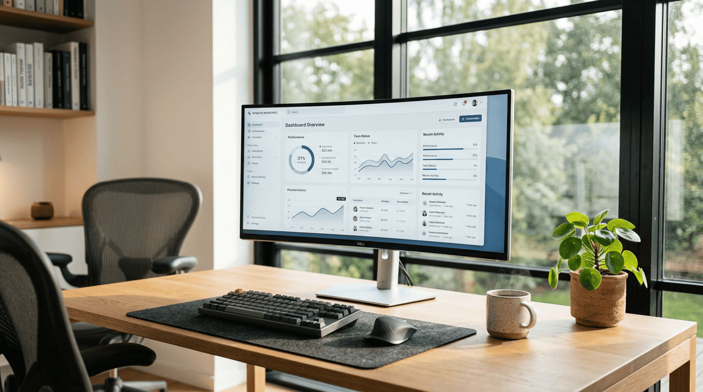 Premium editorial lifestyle photography of a modern, minimalist remote workspace showing a unified digital workspace dashboard.