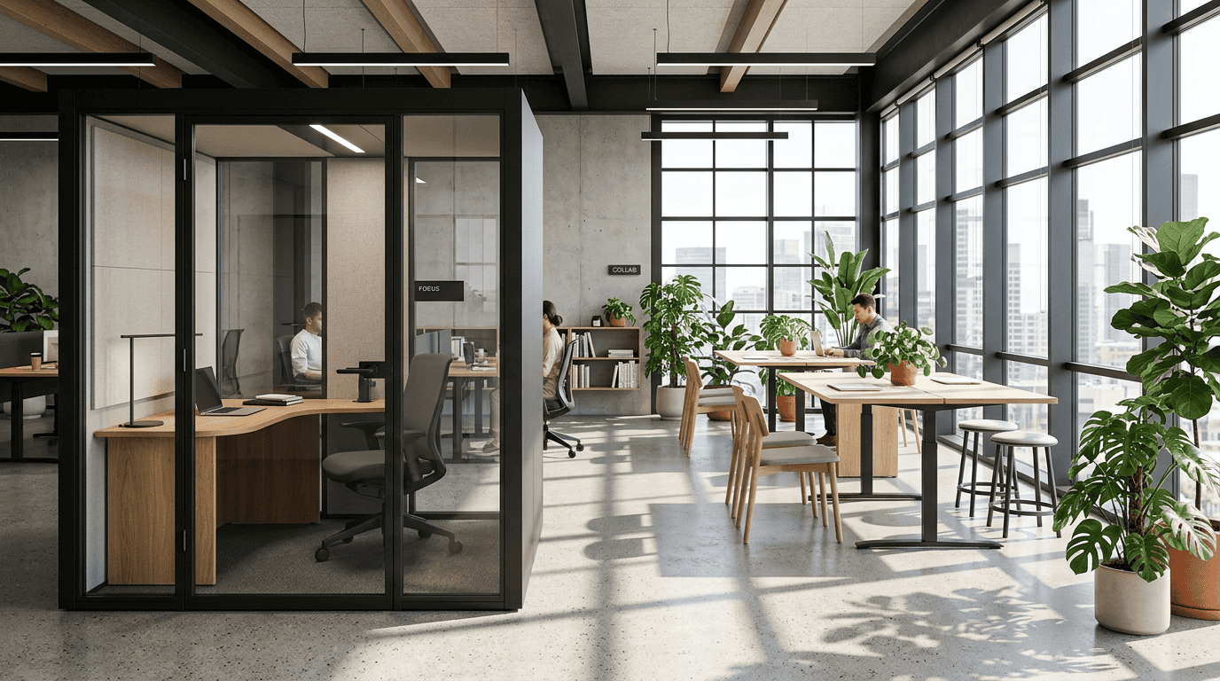 Architectural photography of a modern hybrid office interior with a glass focus pod and modular collaborative zones