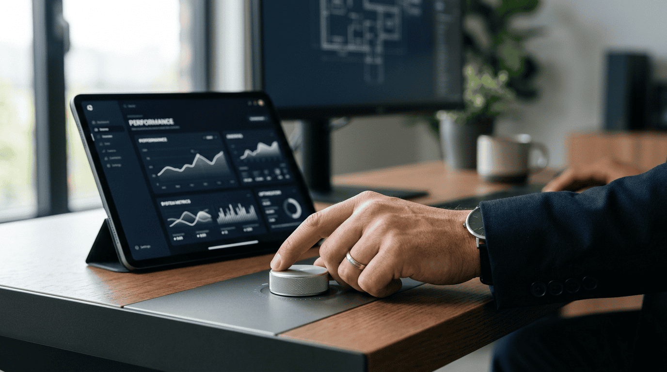 Sleek minimalist desk with a professional's hand adjusting an aluminum control dial, representing human-in-the-loop operational control.