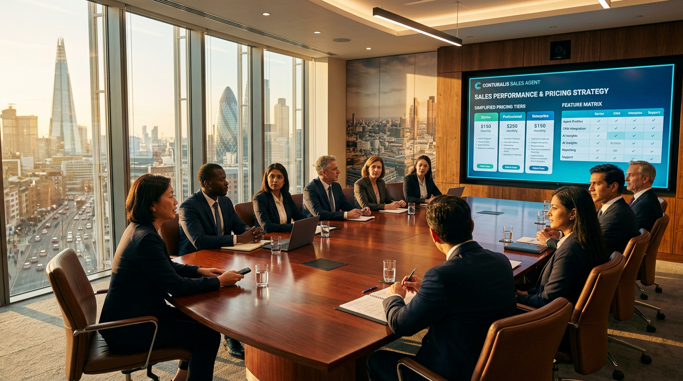 A diverse corporate board of directors in a luxury conference room reviewing the Conturalis Sales Agent dashboard.
