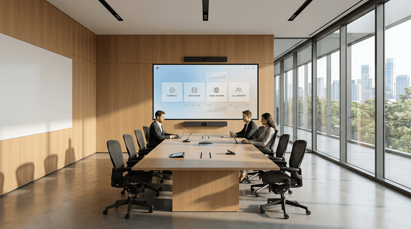 A modern, minimalist hybrid boardroom designed for seamless AI-integrated collaboration and workspace restructuring.