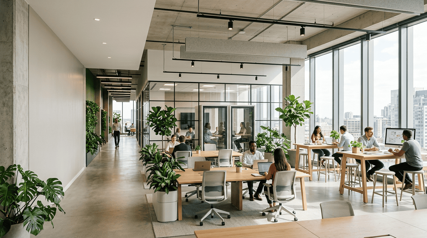 A premium architectural photograph of a modern hybrid office designed for collaboration.