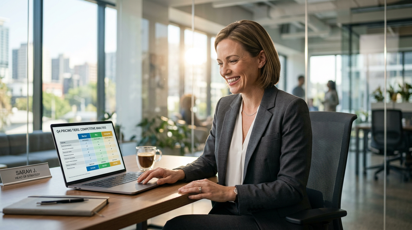 Corporate executive reviewing a dynamic pricing comparison on a laptop screen