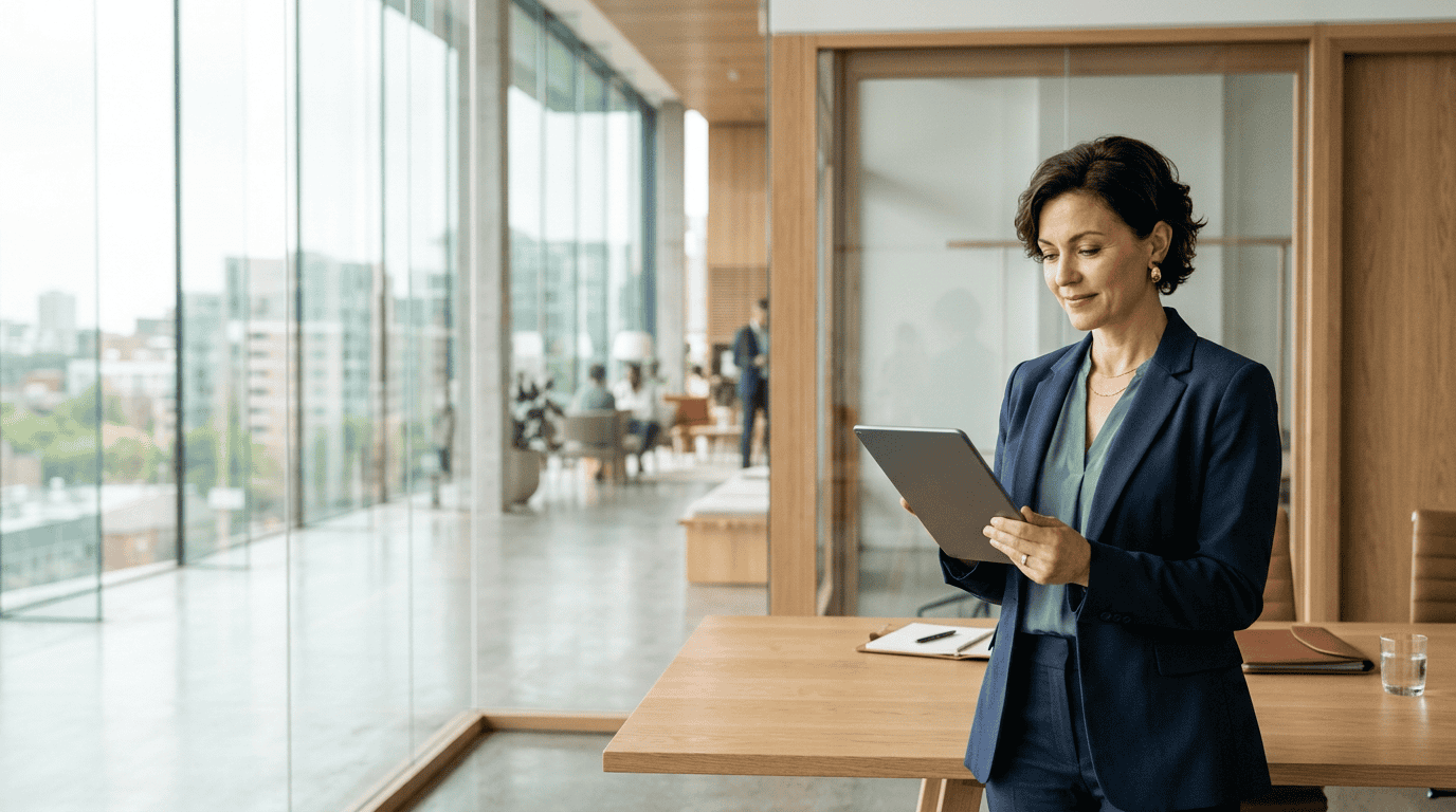 Confident female operations director reviewing digital employee governance metrics on a tablet in a modern office.