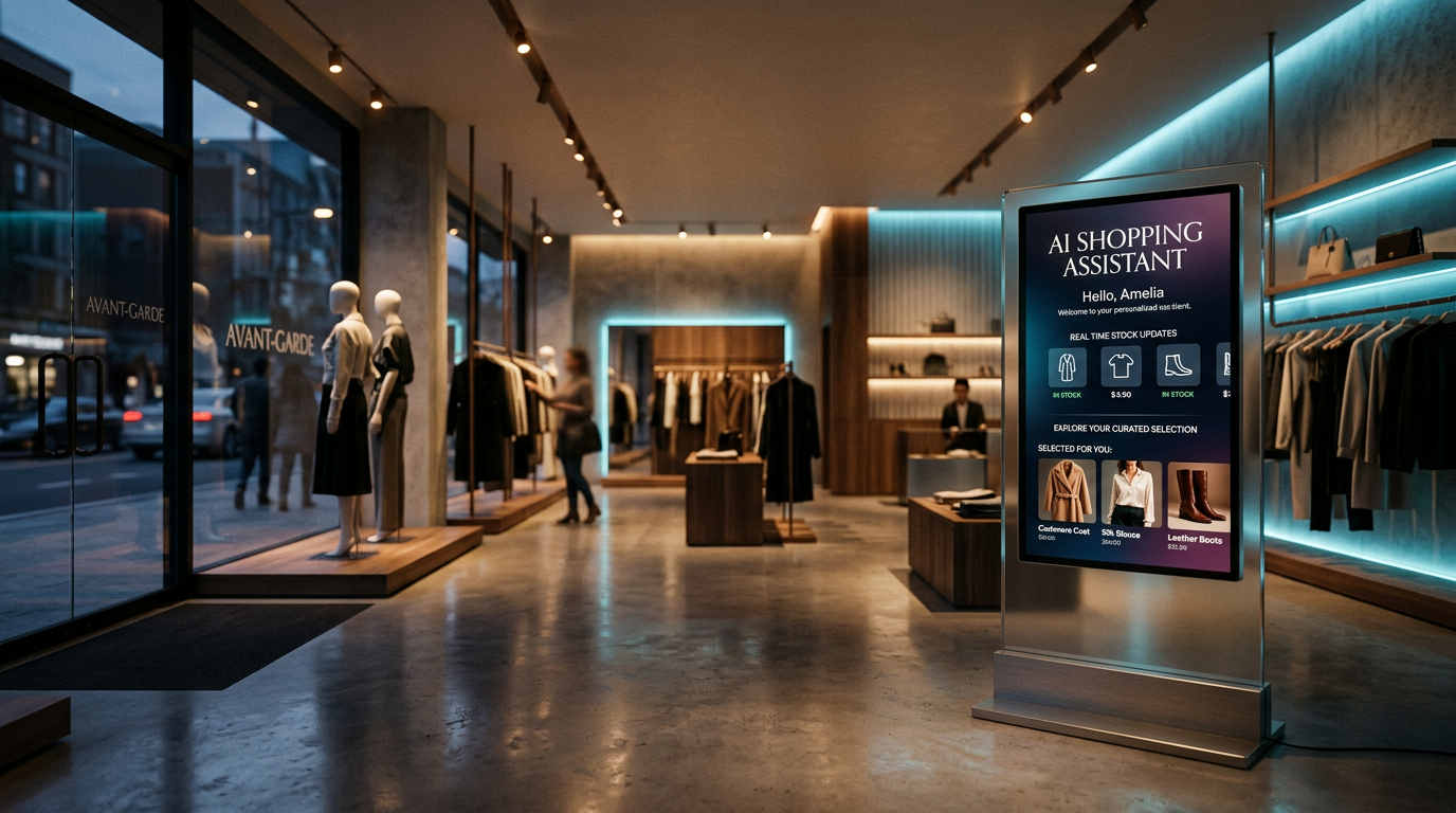 Sleek interactive digital display showing a sophisticated AI shopping assistant interface inside a minimalist fashion boutique at dusk