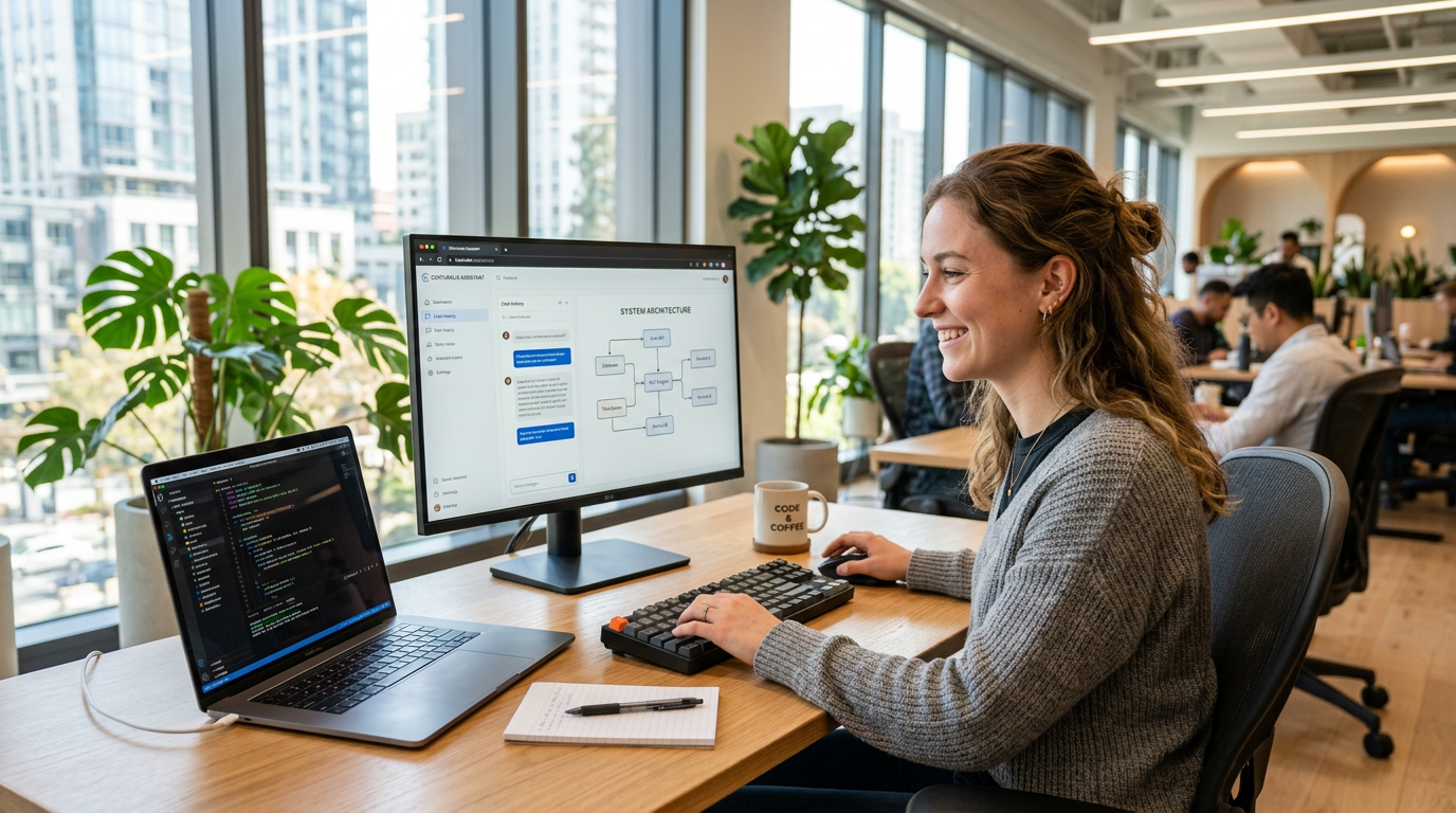 A young female software engineer smiling with relief at her modern desk, with the Conturalis Assistant interface open on her screen