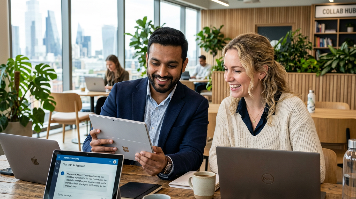 A female channel partner collaborating with her colleague in a modern office, looking at a tablet displaying real-time AI support from the Conturalis Chat Agent.