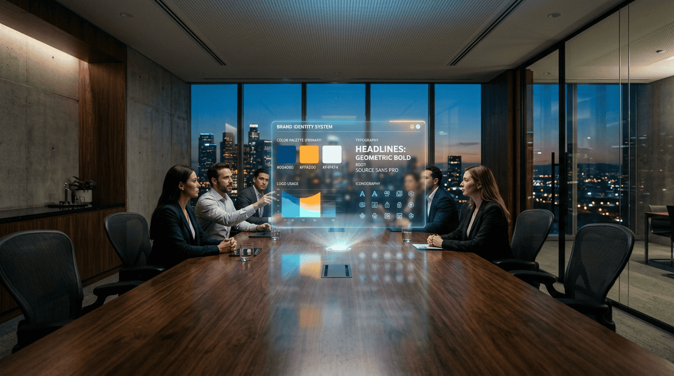Sleek enterprise boardroom with a floating 3D holographic interface displaying brand style guides and color palettes.