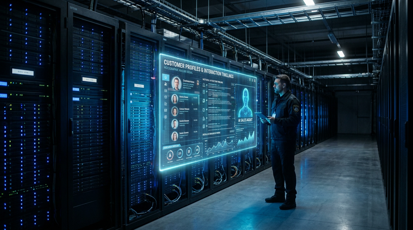 Conturalis Sales Agent holographic CRM analysis inside a modern data center