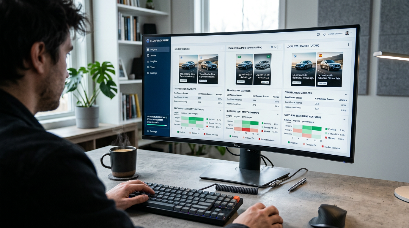 An over-the-shoulder view of a modern workspace displaying an advanced AI content localization dashboard with translation matrices and cultural sentiment heatmaps.