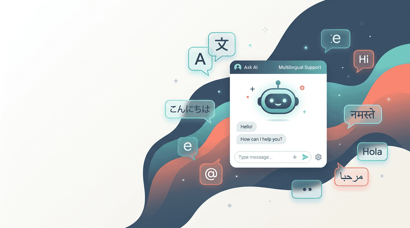 A minimalist vector illustration of a modern multilingual AI chat widget with floating speech bubbles.