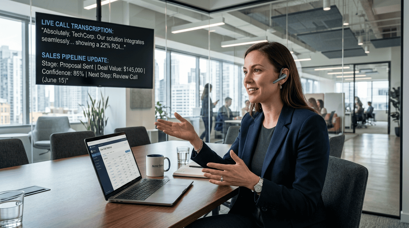 Professional sales executive on a call with real-time AI transcription and automated pipeline updates on a screen in the background