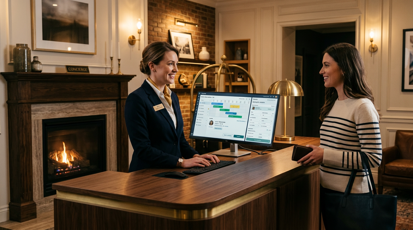 A professional hotel concierge standing behind a sleek, dark wood reception desk, interacting with a modern property management system showing real-time booking modifications.