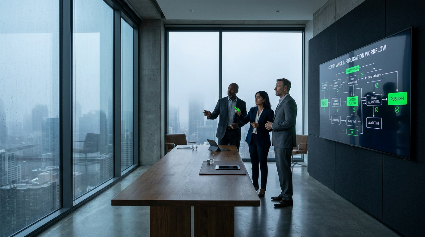 Corporate executives reviewing automated compliance flow chart on a digital display