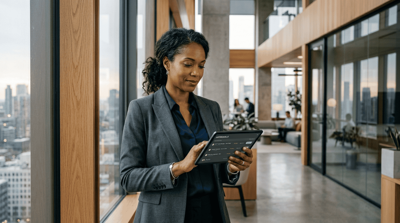A female enterprise operations director reviewing an approval dashboard on a tablet