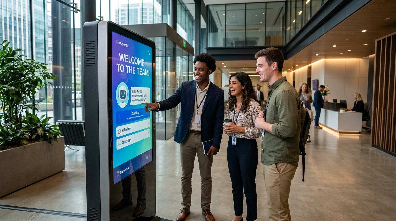 New corporate hires interacting with an AI-powered onboarding assistant kiosk in a modern office lobby.