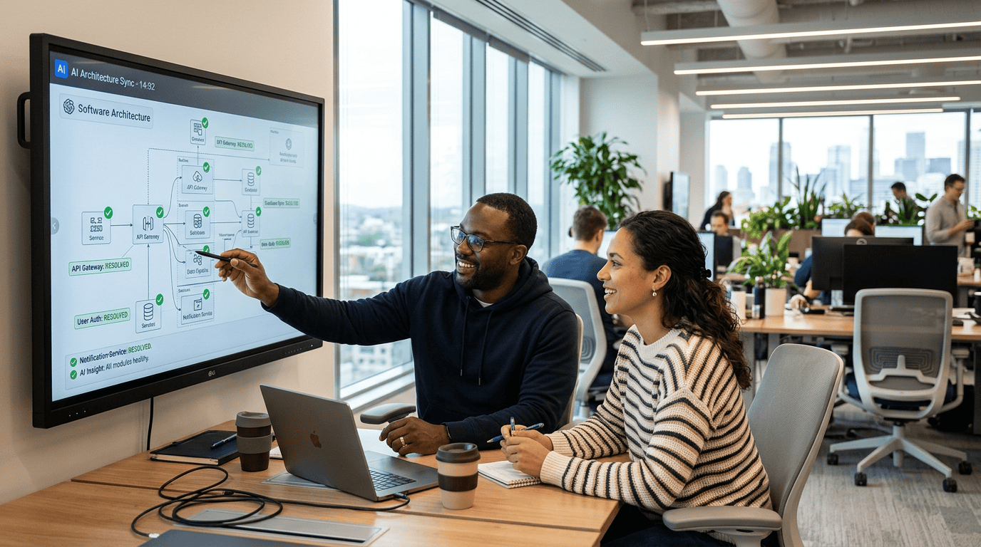 Two software engineers collaborating in a modern office, reviewing architecture maps with resolved status indicators generated by an AI assistant