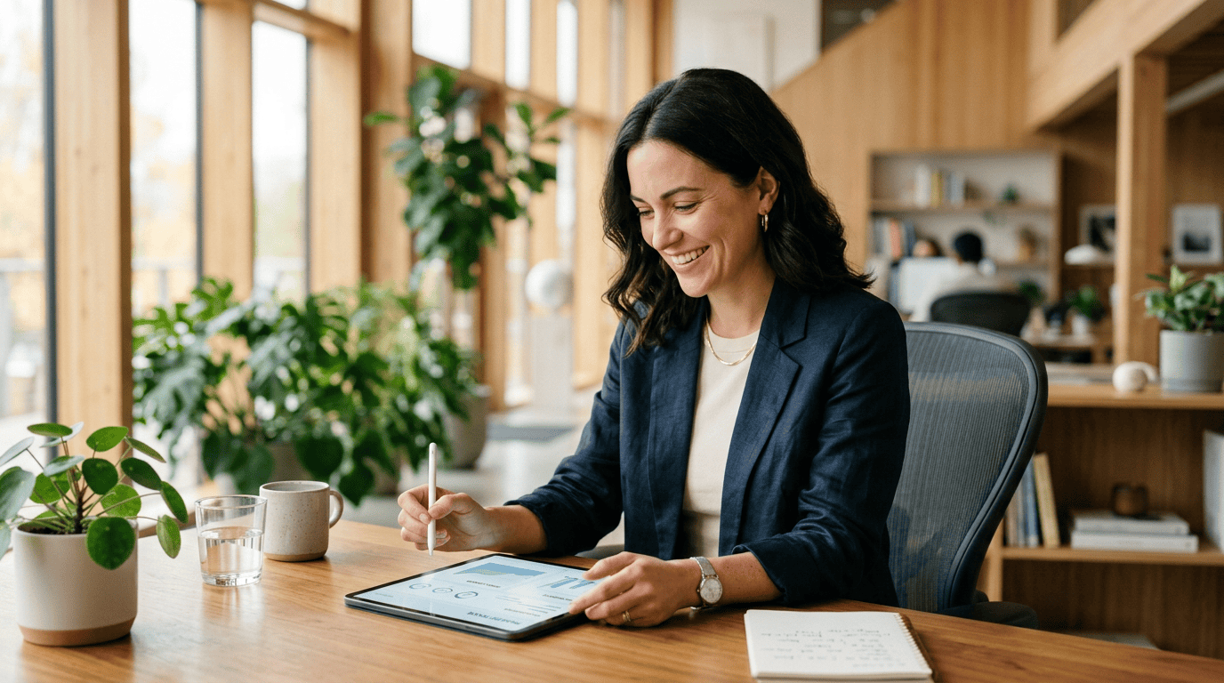 A professional woman in her late 30s sitting in a modern, sunlit architectural office, smiling as she reviews a clean minimalist data dashboard on her tablet, reflecting relief and creative focus.