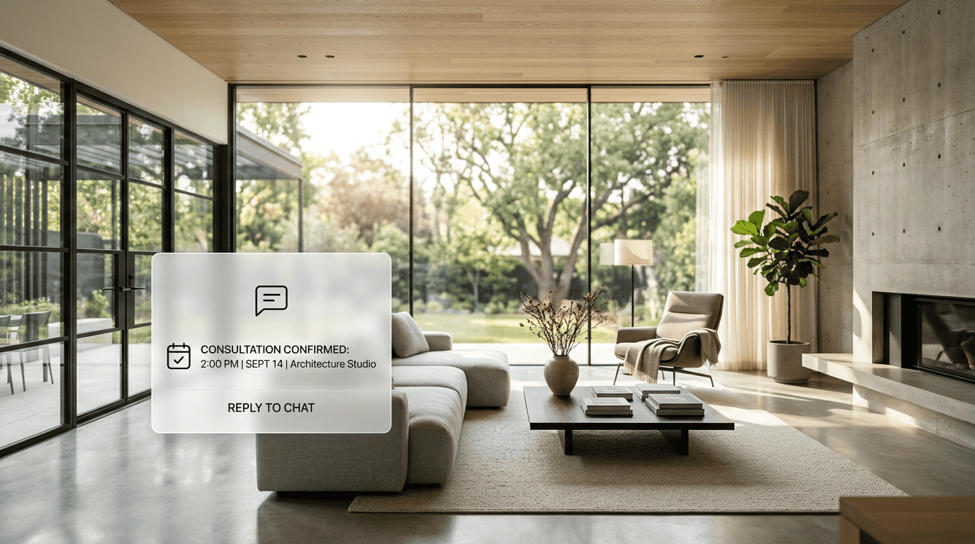 Premium editorial architectural photography of a bright, sunlit modern minimalist living room with floor-to-ceiling windows. In the foreground, a clean, elegant, semi-transparent digital UI card floats subtly, displaying a minimalist chat icon and a calendar checkmark indicating a confirmed appointment.