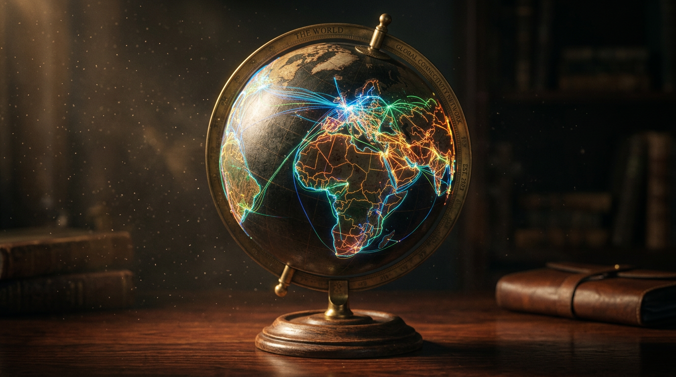 Global communication networks and cultural data flows illuminating a vintage globe