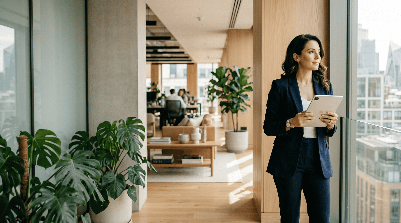 Professional woman in a sunlit, minimalist architectural workspace holding a tablet with a clean dashboard interface.