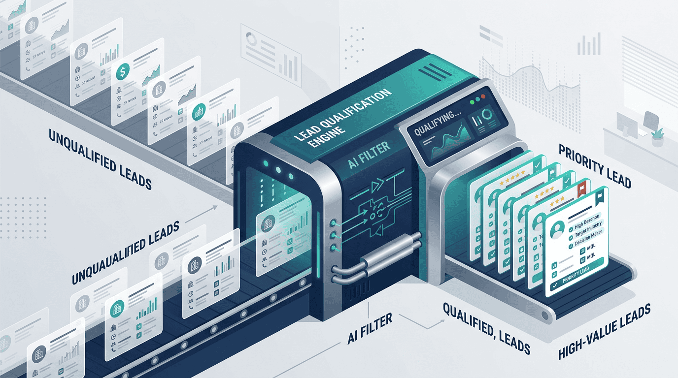 An isometric vector illustration of an automated B2B lead qualification process.