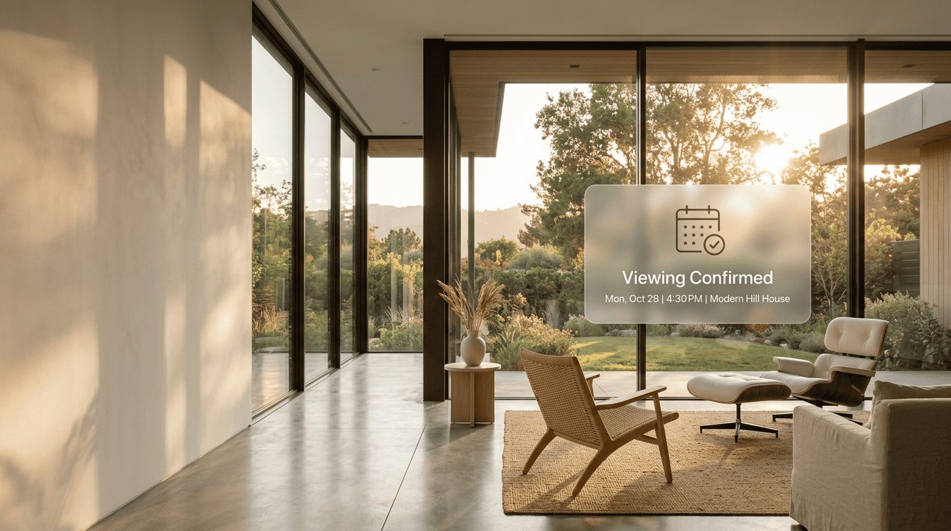 Minimalist modern home interior with a floating digital calendar card confirming a property viewing.