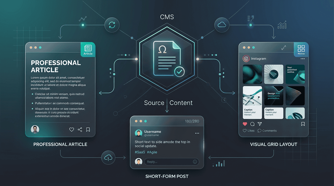 A premium minimalist vector illustration of a digital content workflow showing social media optimization