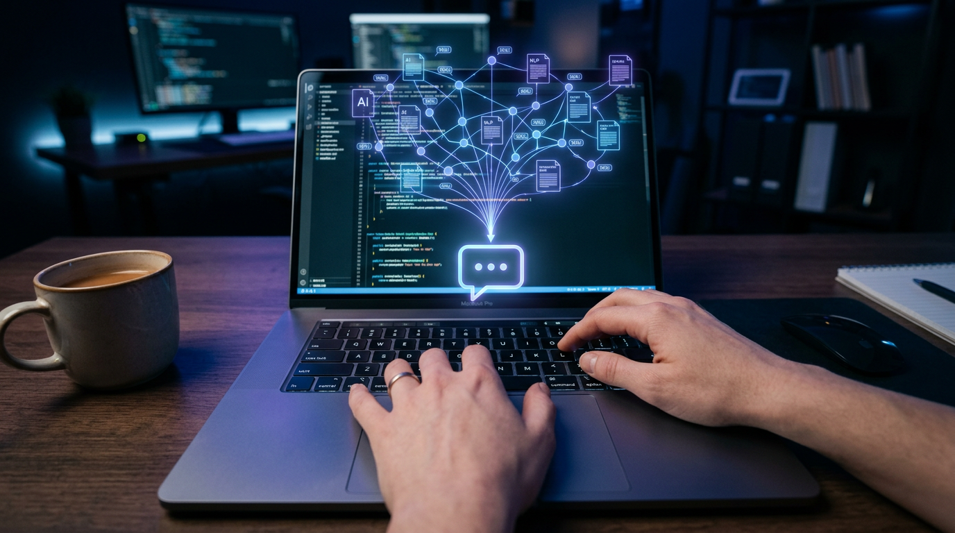 A high-tech workspace where data nodes from scattered wikis funnel into a single clean chat bubble
