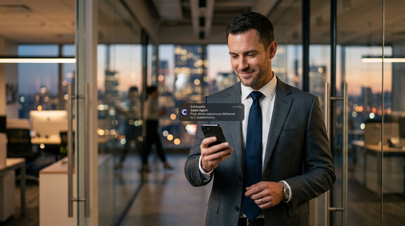 A confident B2B sales director reviewing automated post-demo follow-up sequences on his smartphone