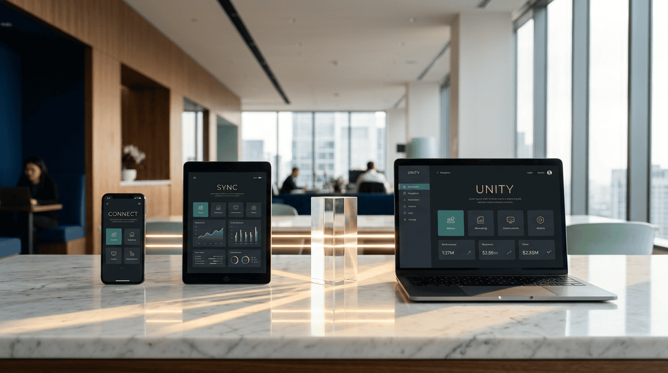 A premium editorial photograph of a minimalist, high-end workspace showing consistent brand identity across multiple devices