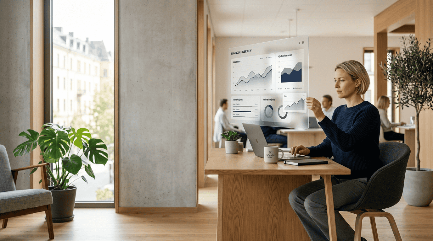 Modern Scandinavian-style office with a professional interacting with a clean data visualization interface