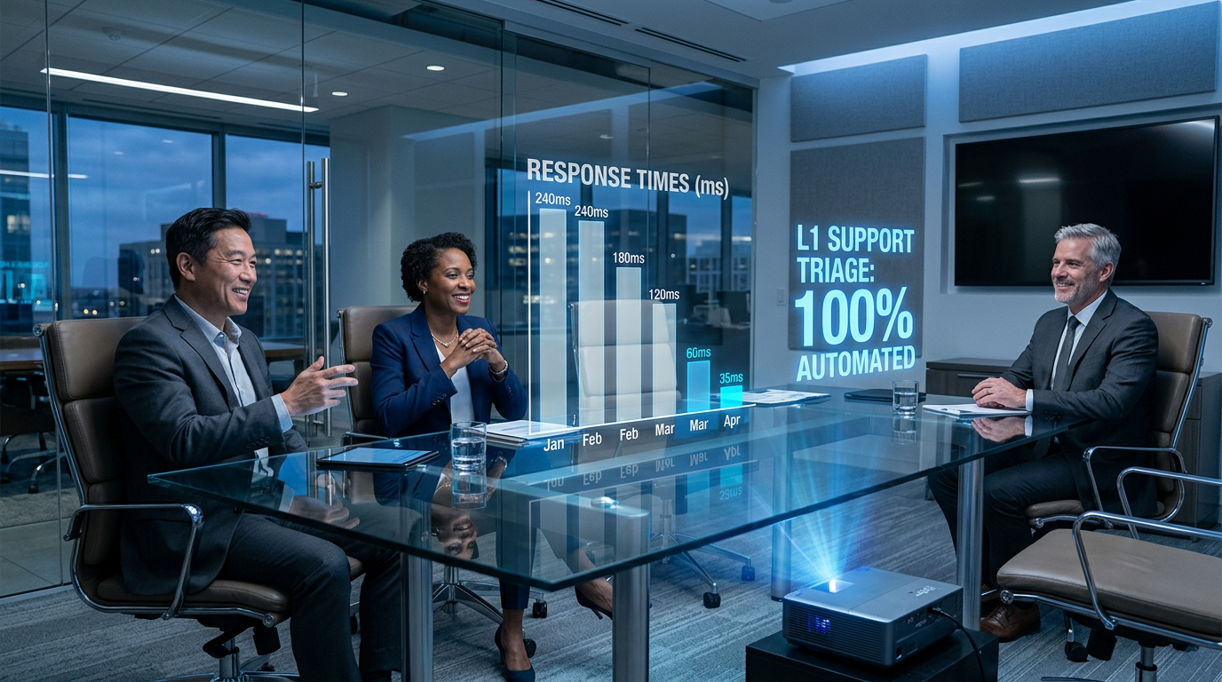 Corporate boardroom showing L1 Support Triage automated