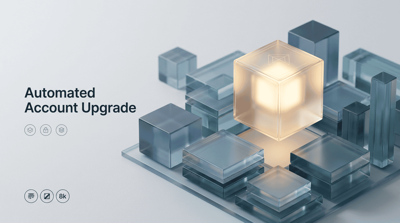 A premium minimalist 3D render of abstract glassmorphic modules with a central frosted glass block glowing with warm champagne gold light, representing automated account upgrades.