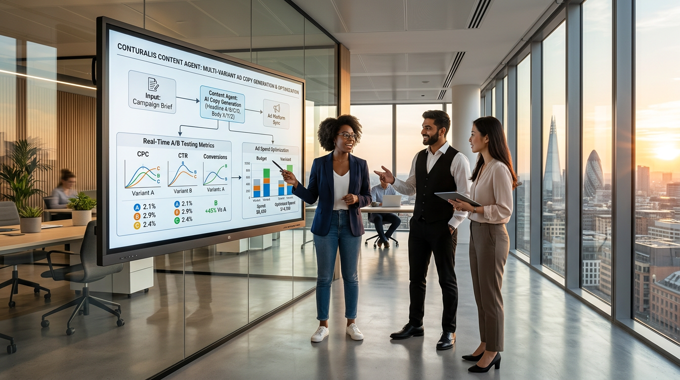 Growth marketers collaborating on Conturalis Content Agent flow chart with multi-variant ad copy