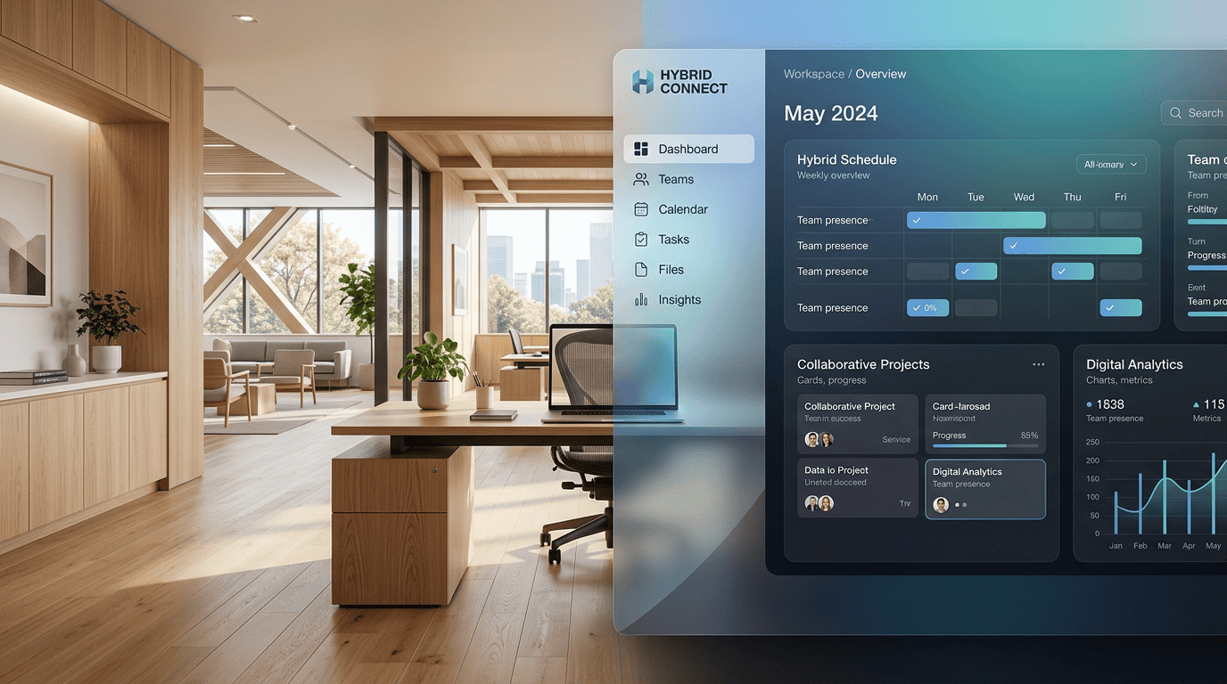 A premium, minimalist conceptual image representing hybrid workspace transition.
