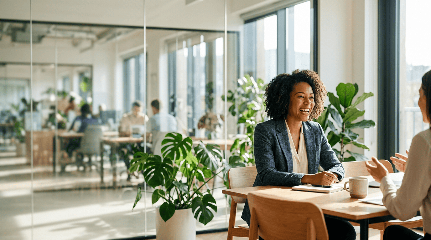A professional team member smiling genuinely during an authentic conversation in a modern office.