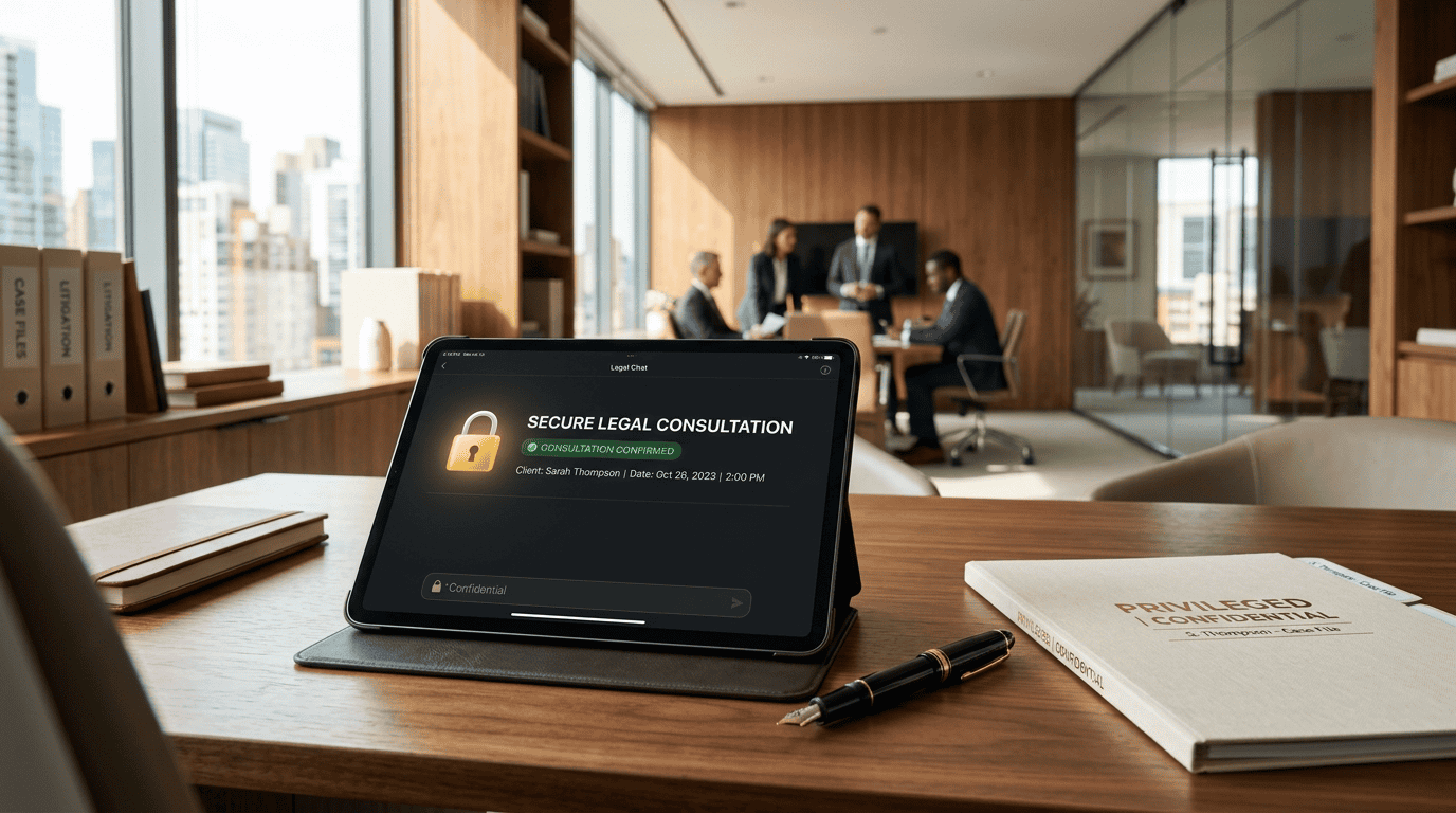 Sleek legal tablet showing consultation confirmation in a modern law office