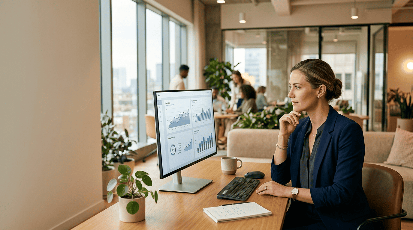 A professional in a modern office analyzing data charts on a sleek monitor, representing human control in automation.