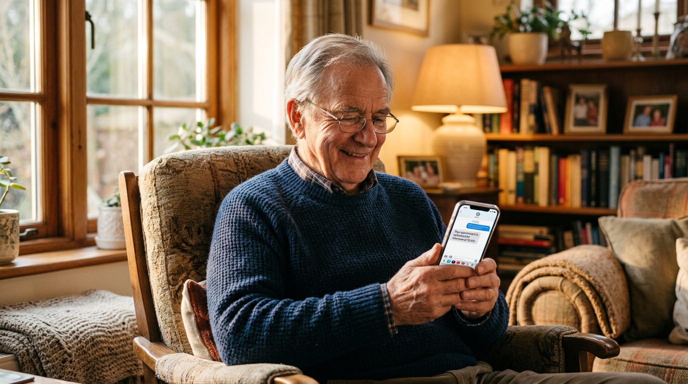 An elderly man sitting in a cozy living room chair, smiling at his smartphone which displays a scheduled medical appointment.