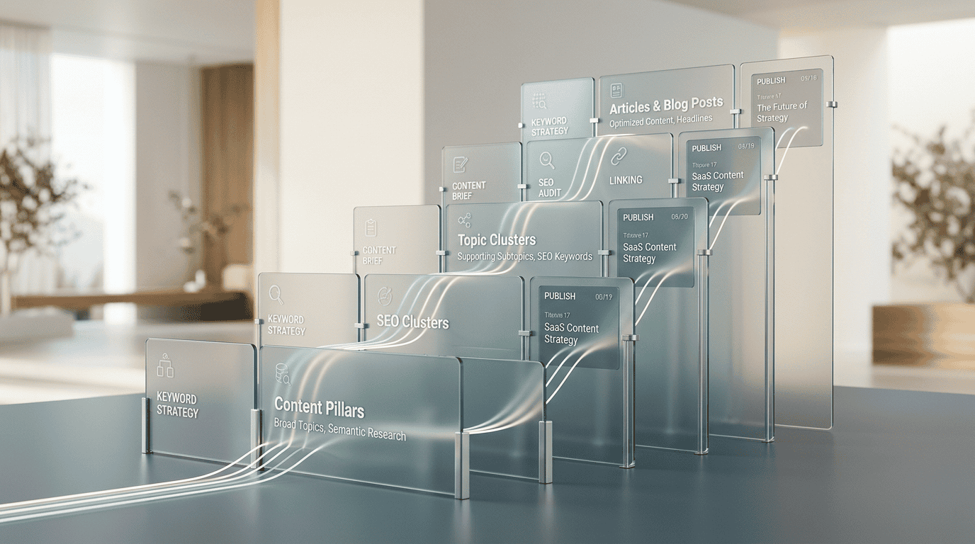 A premium minimalist 3D render of structured content automation. Translucent glass panels representing blog articles and semantic clusters are neatly arranged in an ascending, organized grid. Subtle, elegant light paths connect the panels, symbolizing automated workflows and SEO optimization. Soft corporate color palette of deep slate, muted teal, and warm cream. Clean, professional, high-end SaaS aesthetic, minimalist background, studio lighting, shallow depth of field, no neon grids, no sci-fi tropes.