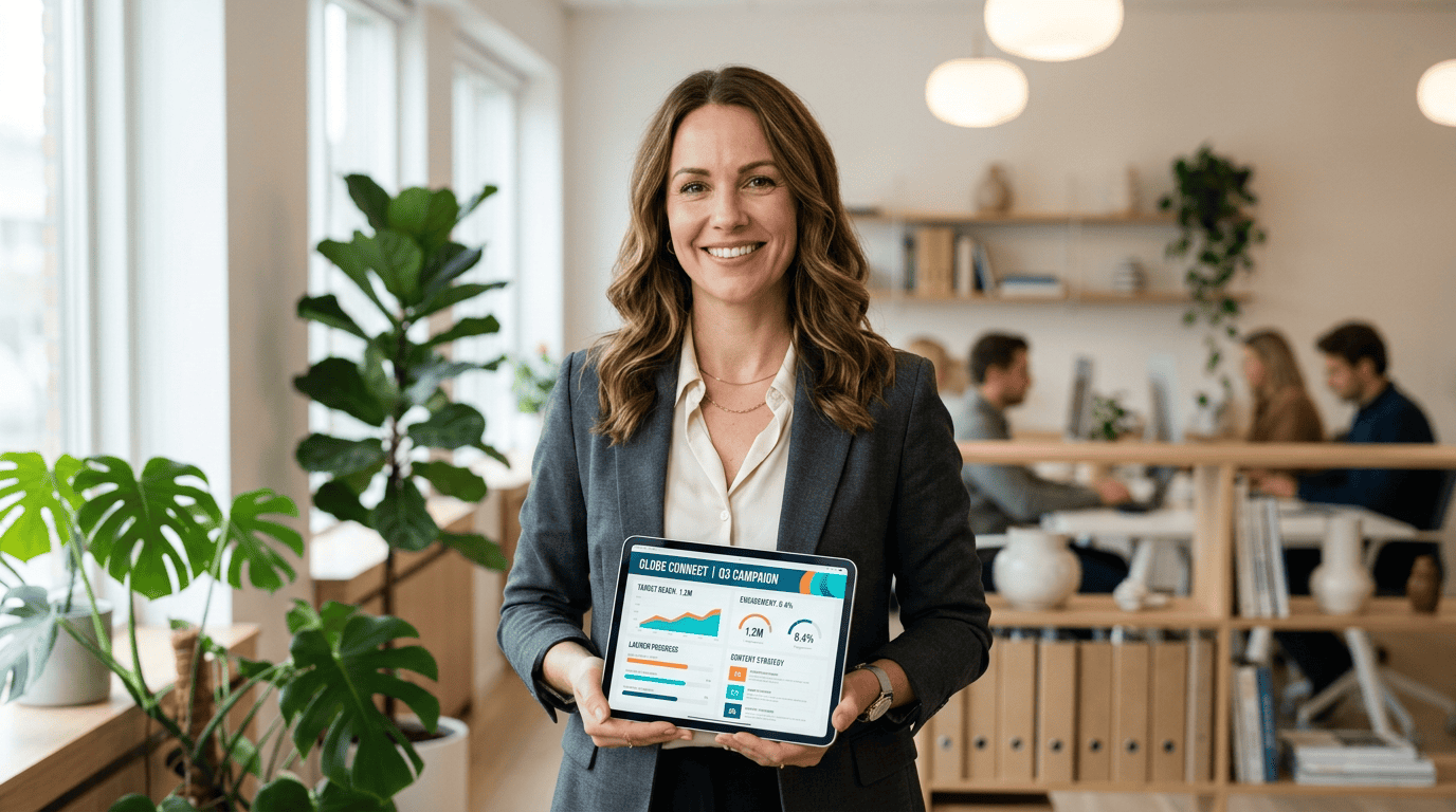 Confident female marketing executive in an airy Scandinavian-designed office reviewing a campaign on a tablet