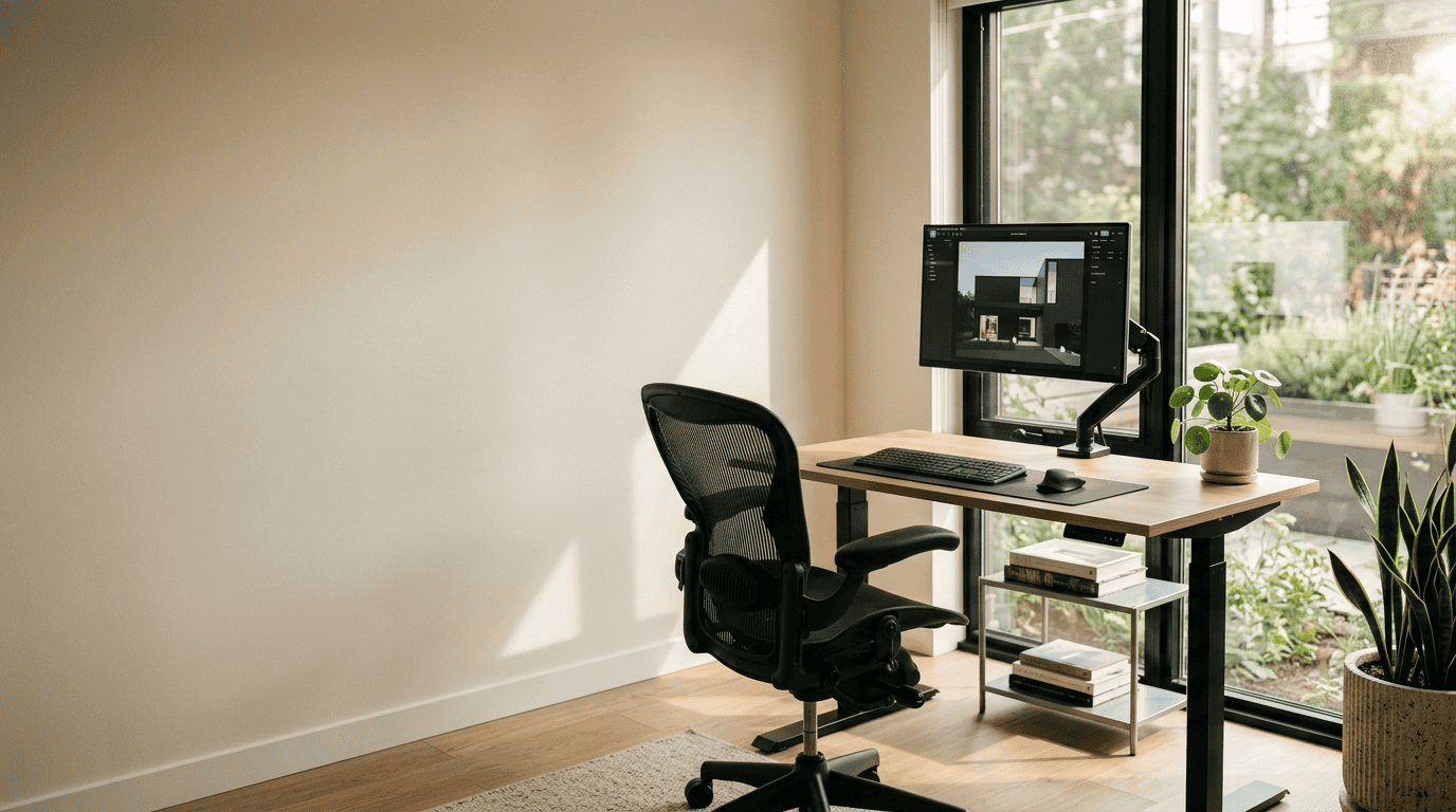 Sleek modern ergonomic mesh chair next to a minimalist light oak standing desk in a bright office