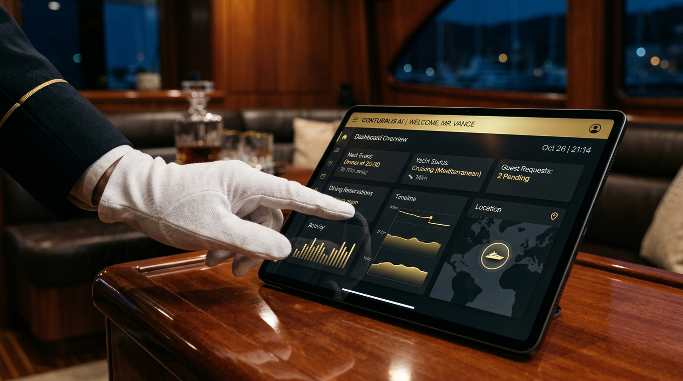 A butler's hand in a white cotton glove interacting with a luxury digital tablet interface.