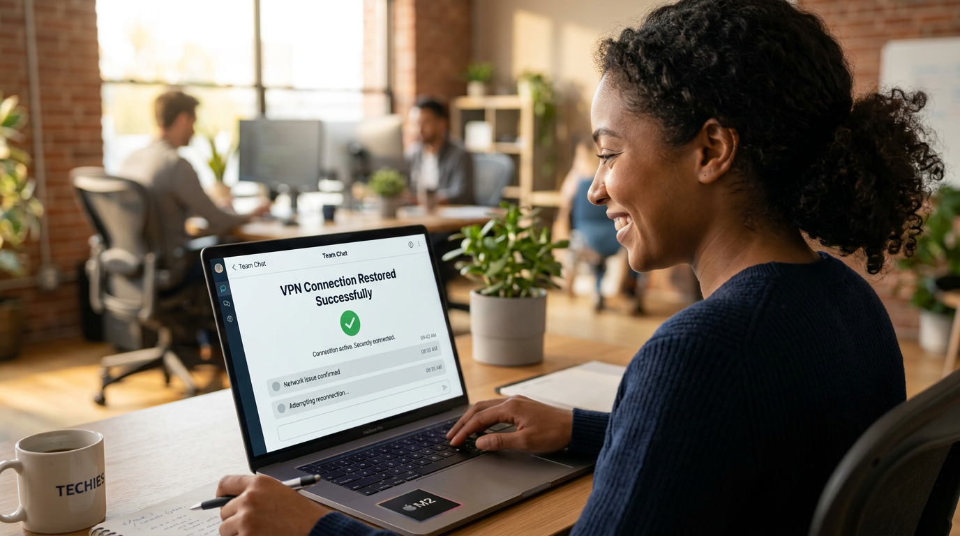 A software engineer smiling in relief as the Conturalis AI Chat Agent successfully restores her VPN connection.