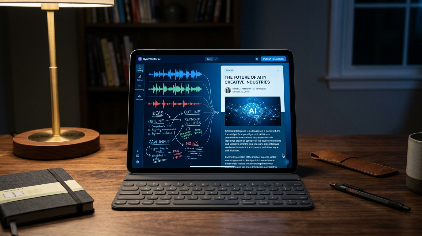 A tablet displaying the transition from audio waveforms to polished text on a minimalist wooden desk