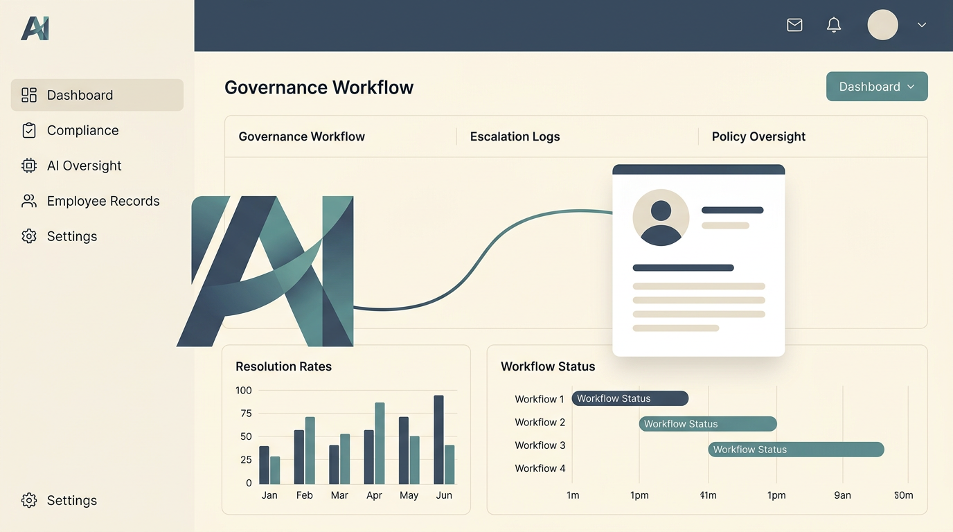 A premium minimalist SaaS UI/UX vector illustration of a digital employee governance workflow.
